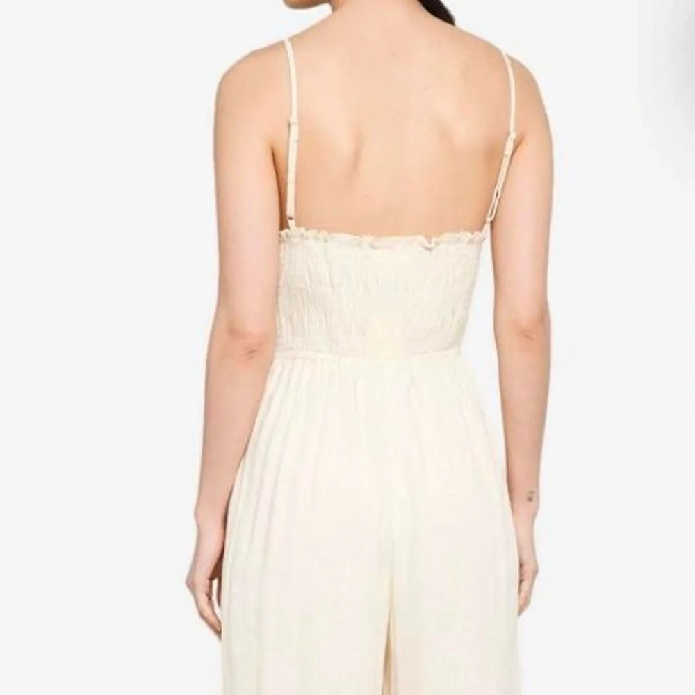 H&M Linen Blend Smocked Wide Leg Jumpsuit Cream Beige Strappy Size Small